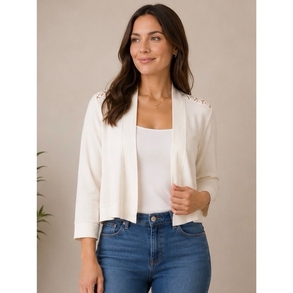 Calvin Klein Open Front Lace Back Bolero Sweater Ivory Cream Women 1X‎ Cardigan
